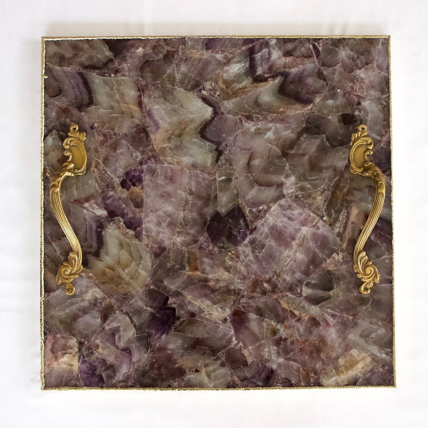 Amethyst Agate Serving Tray With Brass Handles | Square-0